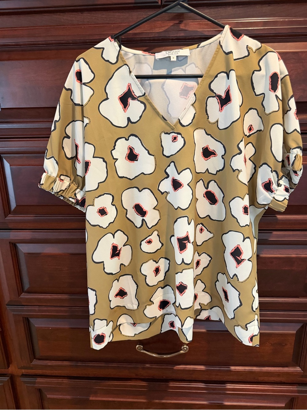 crosby. Mustard & Cream Floral V-Neck Short Sleeve Blouse